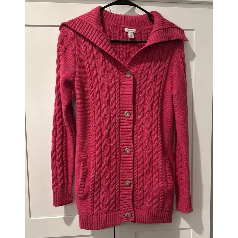 LL Bean Pink Cable Knit Heavyweight Cardigan Sweater Womens Size XS